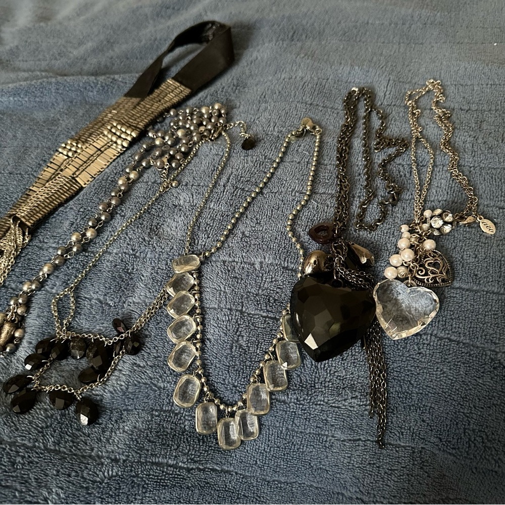 6pc Hearts Black Silver Jewel Necklace Lot